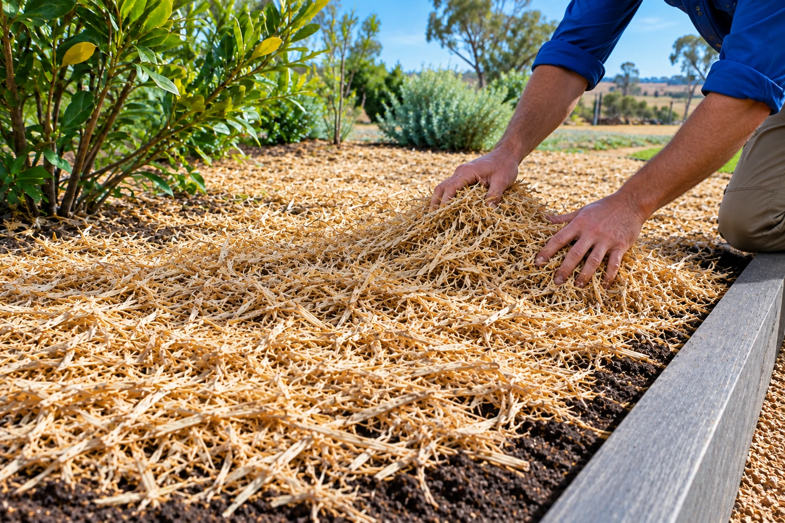Close empty garden bed, fine shredded sugar cane straw over dark soil.
