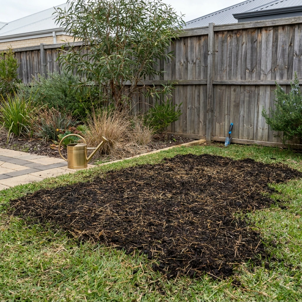 Empty Perth suburban lawn with a thin organic dressing on the grass, no bulk bag of straw.