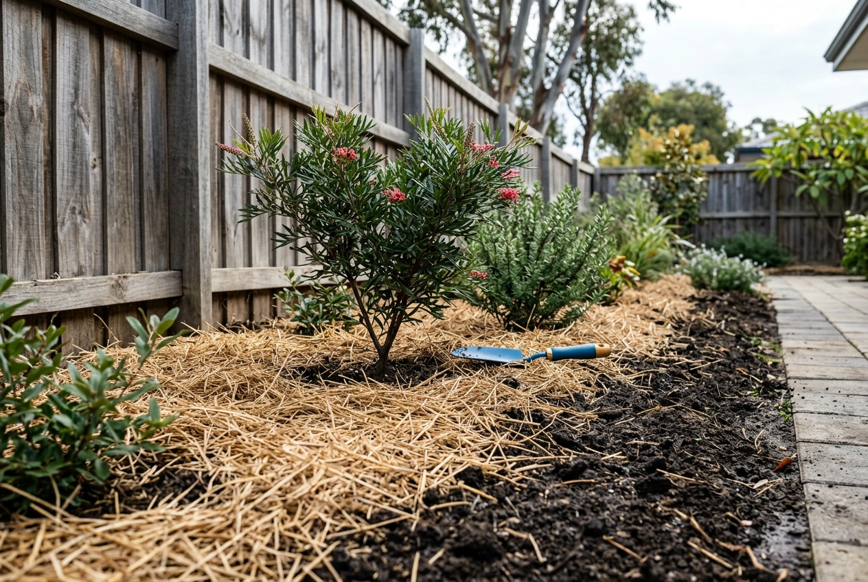 Empty backyard border, fine straw mulch on soil, clear gap at shrub stems.